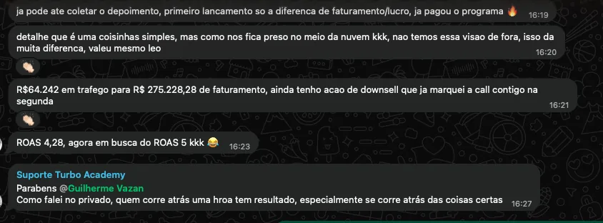 Print de quatro mensagens de Guilherme Vazan no grupo Turbo Master Mentoria, com os números do lançamento e a resposta do suporte da Turbo Academy.